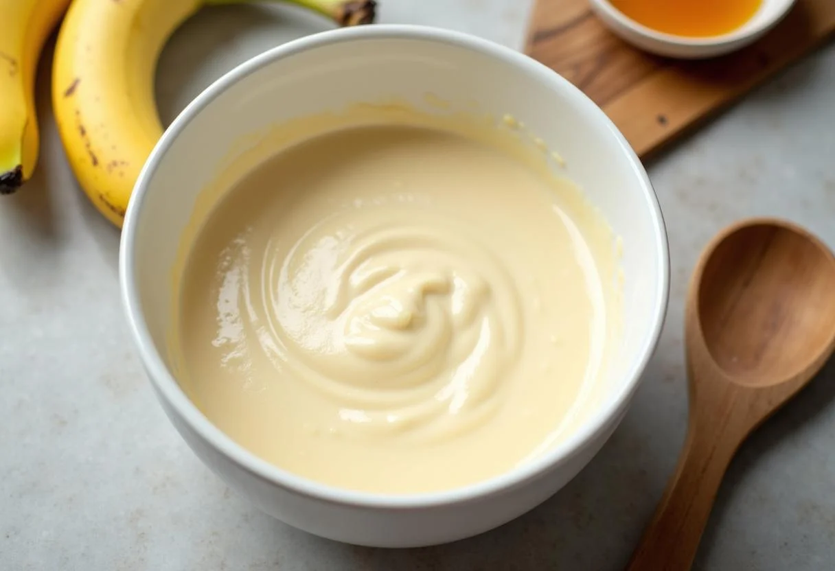 Creating Attack on Titan Armin's Intellect Ice Cream with creamy vanilla ice cream base and fresh ingredients like bananas and honey.