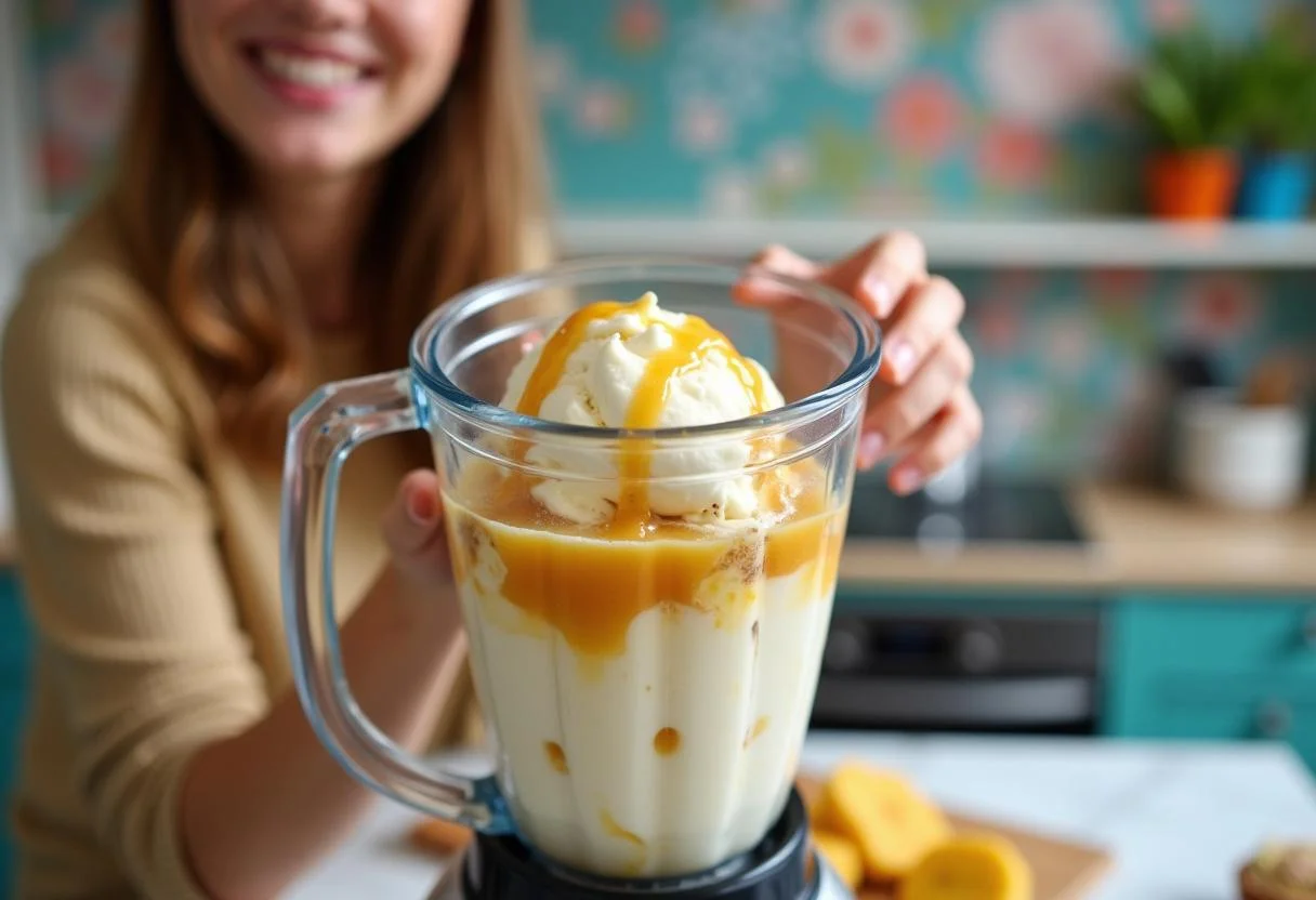 Blending bananas and honey for the delicious Attack on Titan Armin's Intellect Ice Cream, showcasing the vibrant kitchen ambiance.