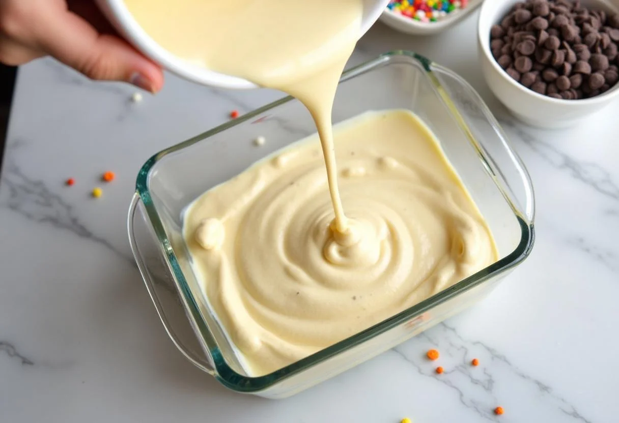 Pouring the mixed ice cream for Attack on Titan Armin's Intellect Ice Cream into a dish, ready for sprinkles and chocolate chips.