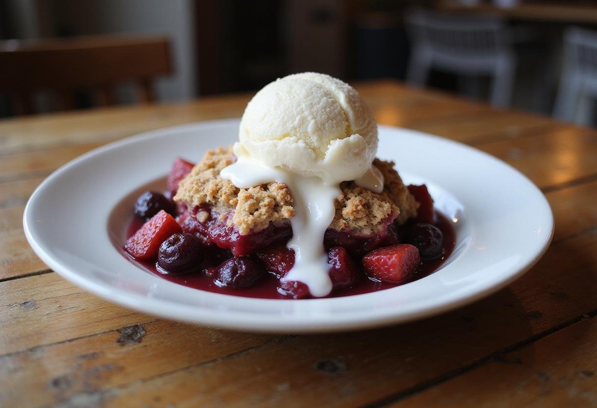 The final presentation of Attack on Titan Beast Titan Berry Crumble served with vanilla ice cream, showcasing its delicious layers.