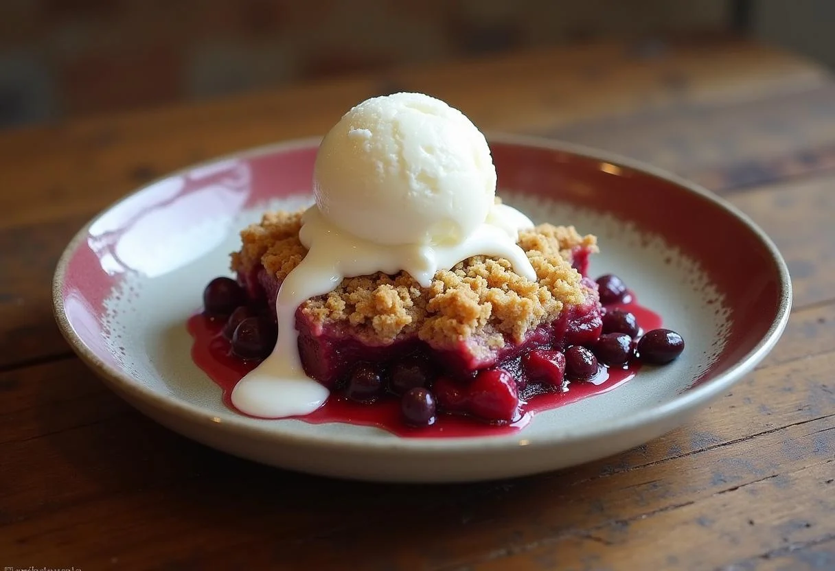 The final presentation of Attack on Titan Beast Titan Berry Crumble served with vanilla ice cream, showcasing its delicious layers.