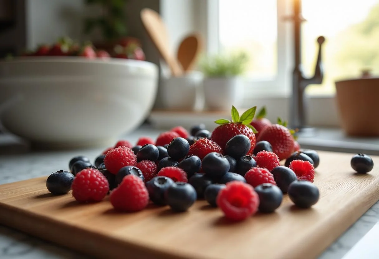 Fresh mixed berries being washed for Attack on Titan Beast Titan Berry Crumble, showcasing blueberries, raspberries, and strawberries.