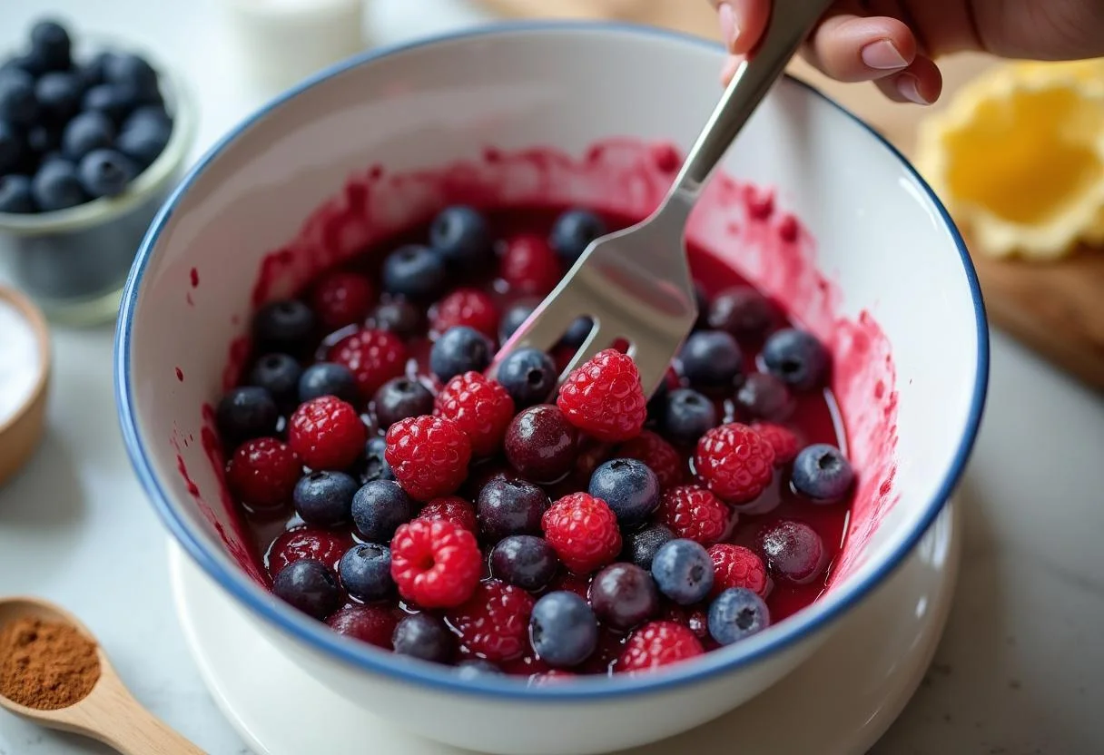 Mashing fresh berries with sugar and cinnamon for Attack on Titan Beast Titan Berry Crumble, highlighting the preparation process.