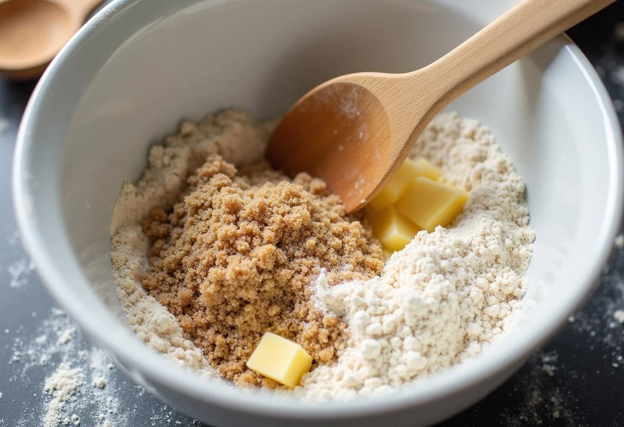Combining ingredients for the crumble topping of Attack on Titan Beast Titan Berry Crumble including flour, oats, and butter.