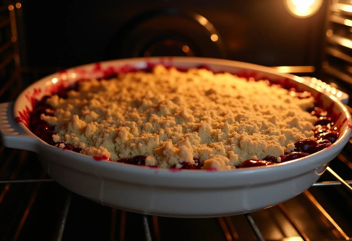 Assembling Attack on Titan Beast Titan Berry Crumble with mixed berries and crumble topping in a baking dish, ready for the oven.