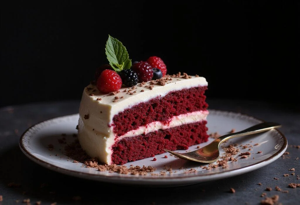 A stunning display of Attack on Titan Eren's Rage Red Velvet Cake, showcasing its vibrant red layers and creamy frosting on a plate.
