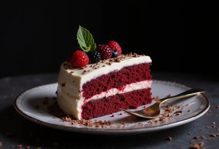 A stunning display of Attack on Titan Eren's Rage Red Velvet Cake, showcasing its vibrant red layers and creamy frosting on a plate.