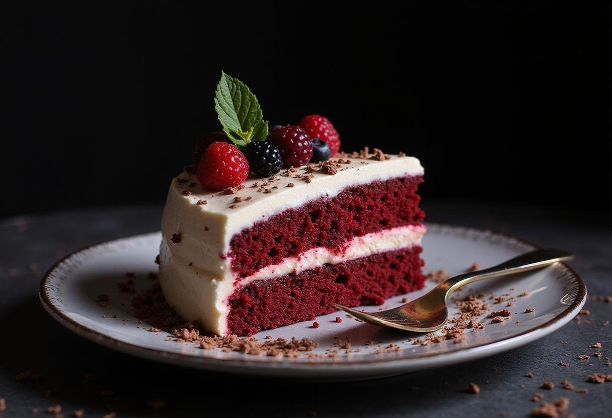 A stunning display of Attack on Titan Eren's Rage Red Velvet Cake, showcasing its vibrant red layers and creamy frosting on a plate.