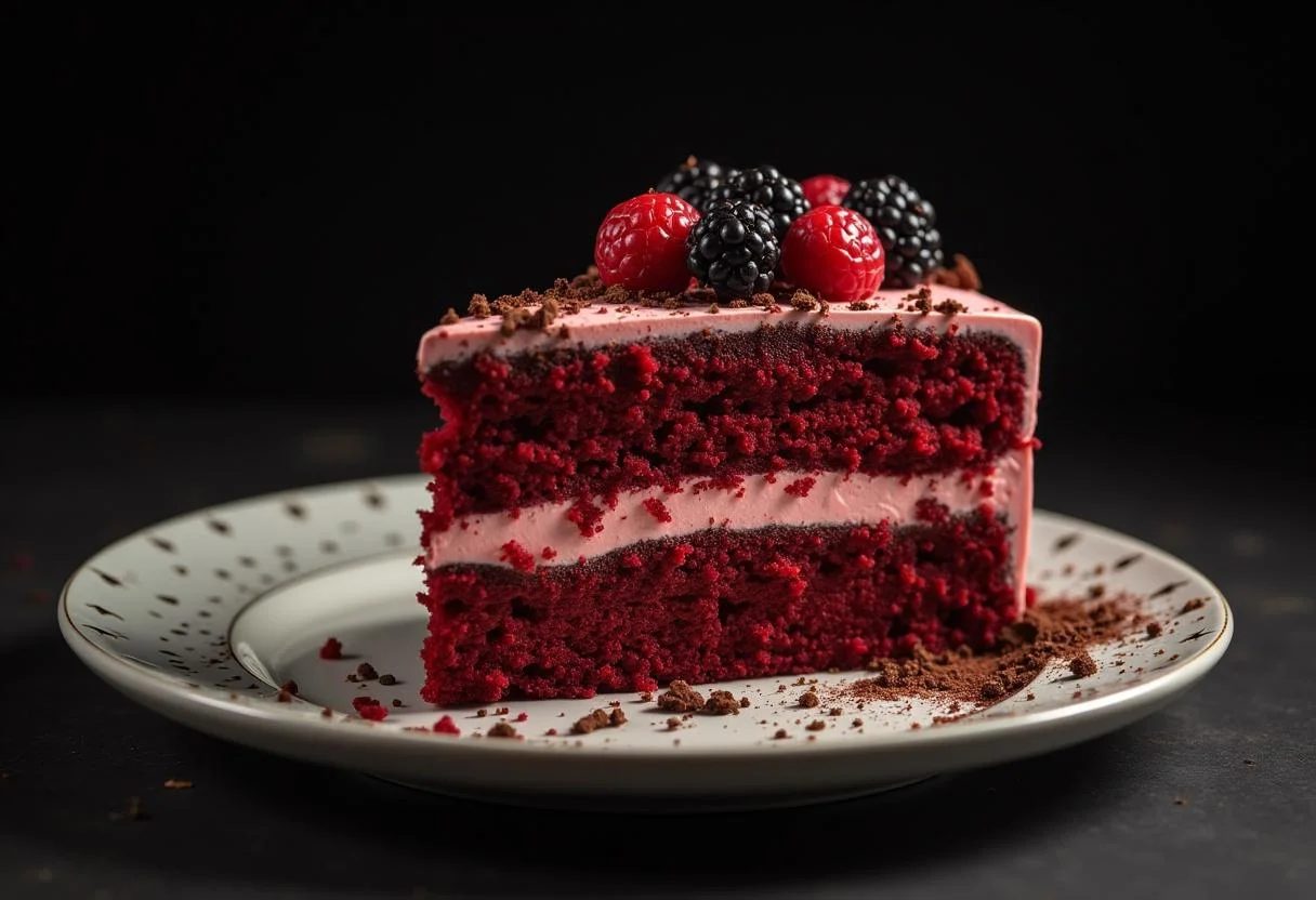 A stunning display of Attack on Titan Eren's Rage Red Velvet Cake, showcasing its vibrant red layers and creamy frosting on a plate.