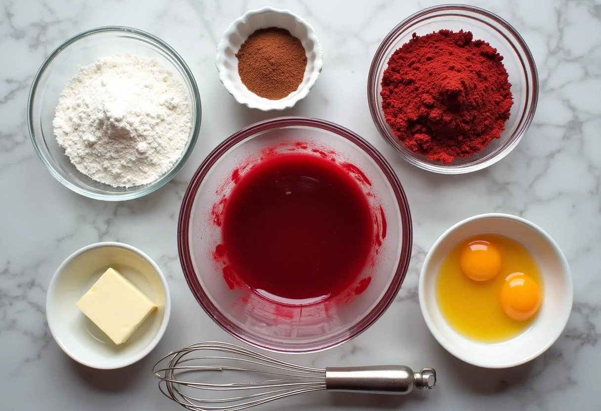 Ingredients for Attack on Titan Eren's Rage Red Velvet Cake including flour, sugar, eggs, and cocoa powder displayed on a kitchen counter.