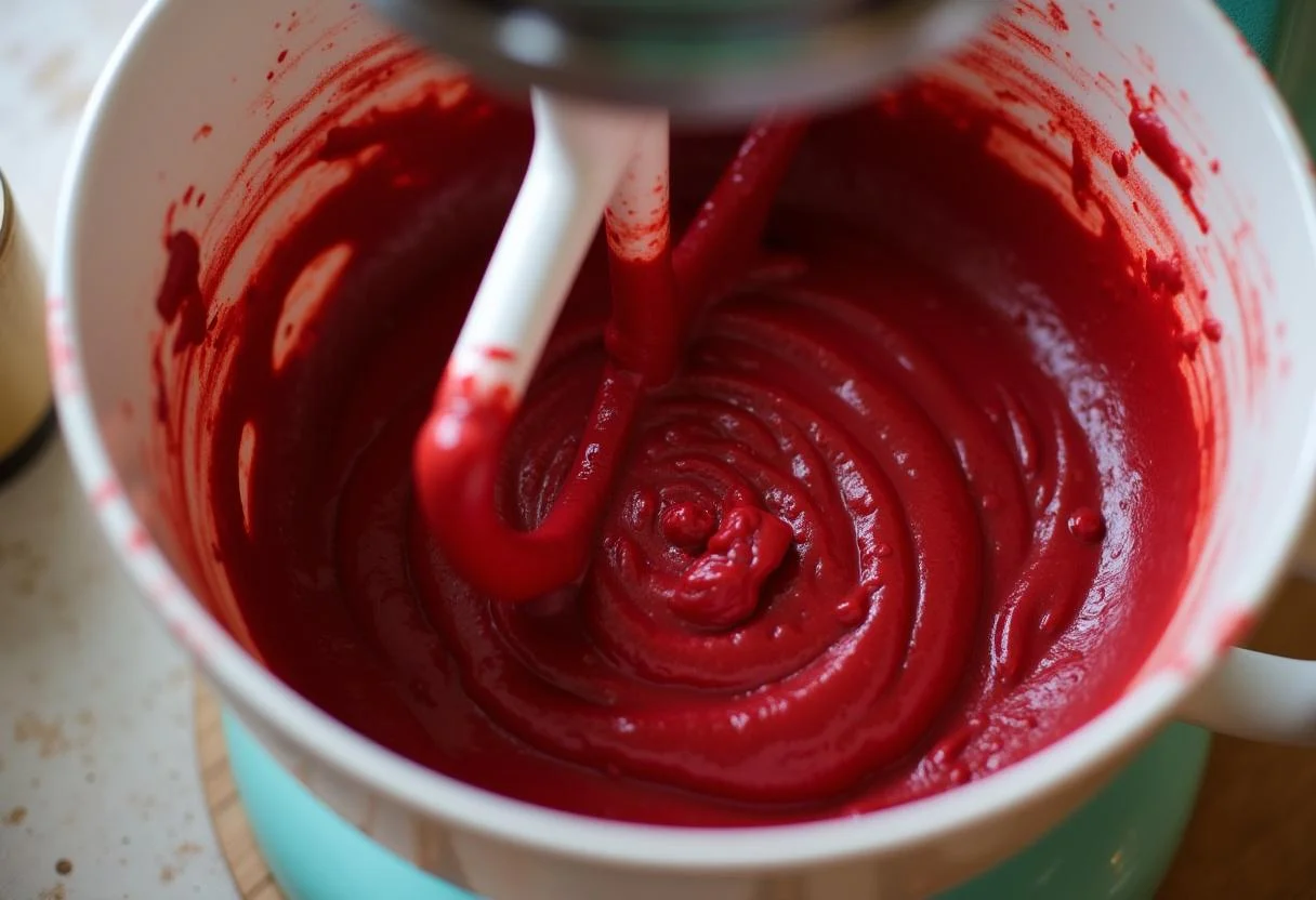 Mixing red velvet cake batter for Attack on Titan Eren's Rage Red Velvet Cake with a focus on its rich, red color and smooth texture.