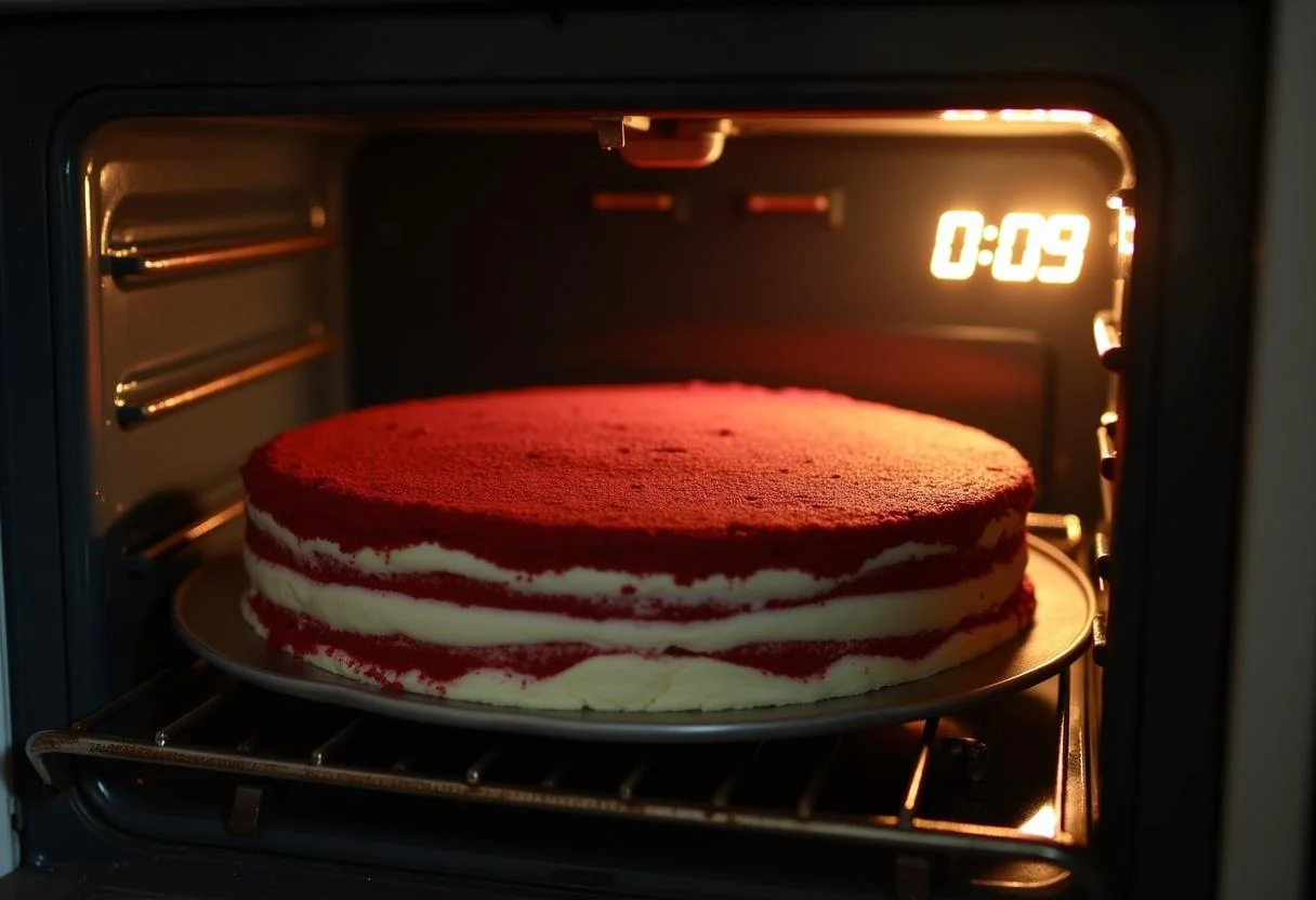Red velvet cake layers baking in the oven for Attack on Titan Eren's Rage Red Velvet Cake, creating a homely baking atmosphere.