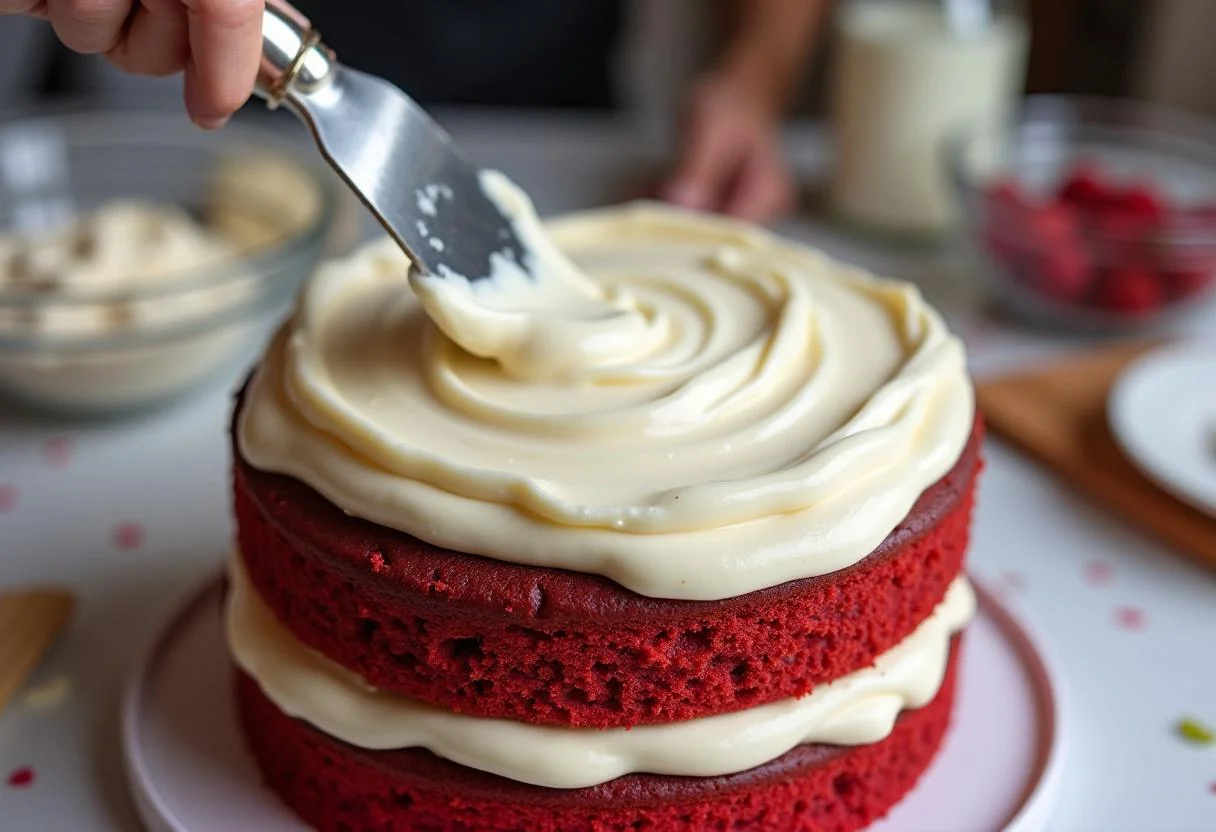 Frosting the layers of Attack on Titan Eren's Rage Red Velvet Cake with cream cheese frosting, capturing the artistic cake preparation process.