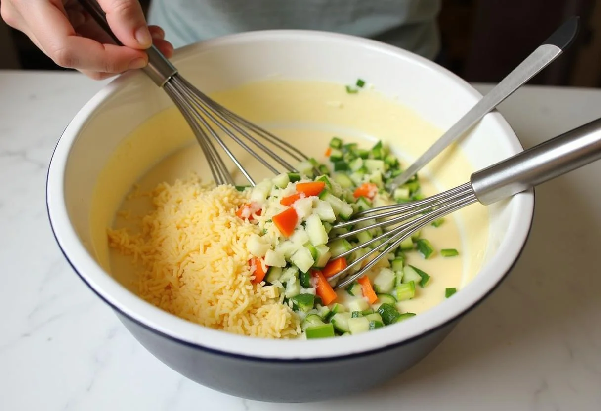 Making the filling for Attack on Titan Levi's Clean Freak Quiche with fresh vegetables and cheese in a mixing bowl.