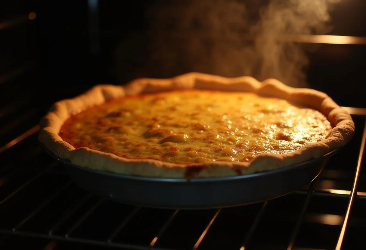 Baking the Attack on Titan Levi's Clean Freak Quiche in the oven, highlighting its golden crust and tantalizing aroma.