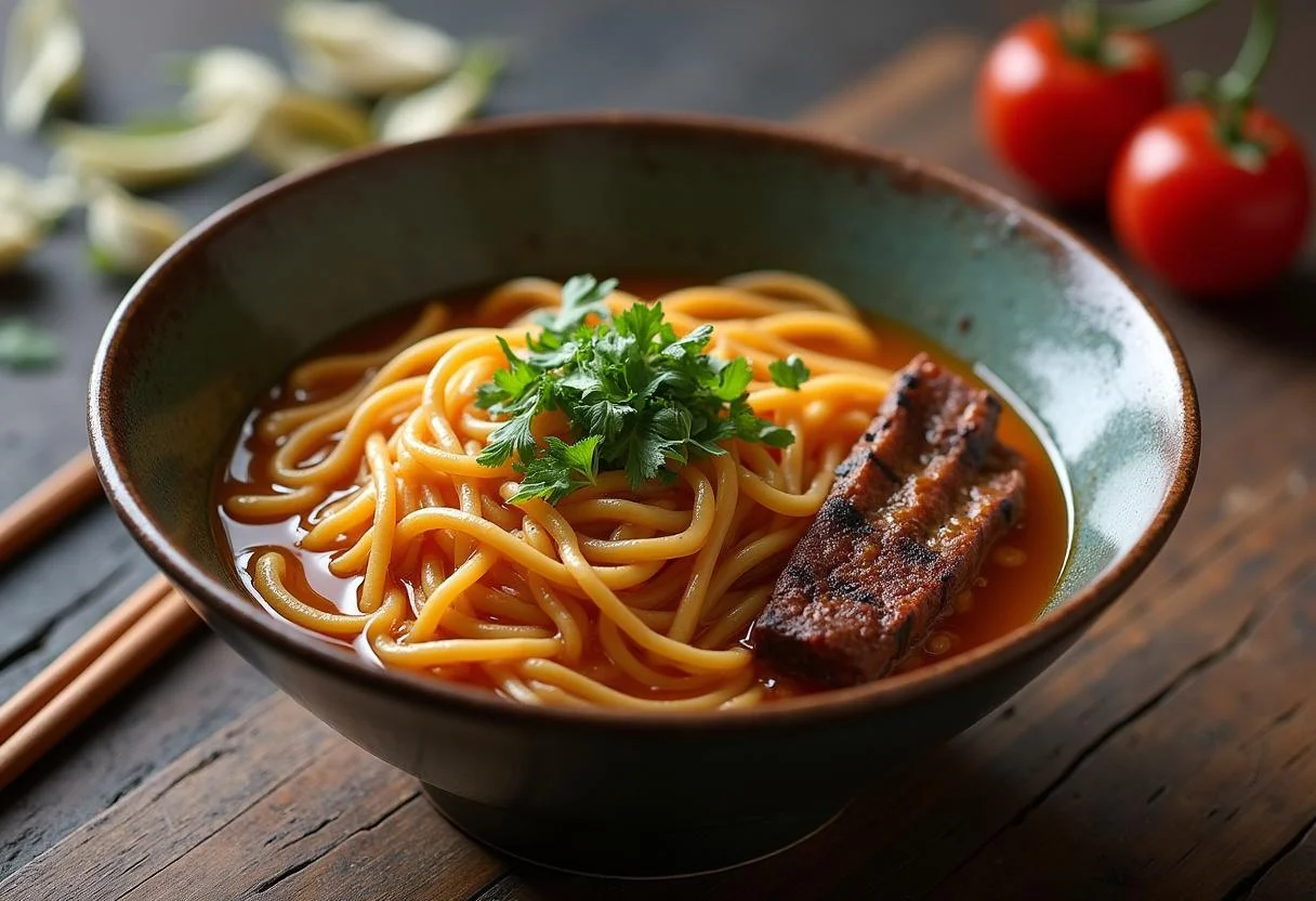 Enjoying the finished Attack on Titan Mikasa's Scarf Noodle Bowl, a delightful and visually appealing dish ready to be savored.