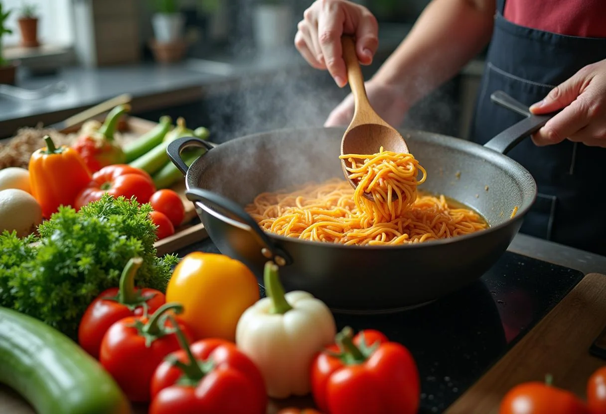 Cooking the noodles for Attack on Titan Mikasa's Scarf Noodle Bowl, showcasing the chef's technique and fresh ingredients for flavor.