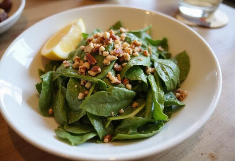 Delicious Attack on Titan Reiner's Armored Arugula Salad served in a bowl, ready to enjoy with a refreshing lemon wedge.