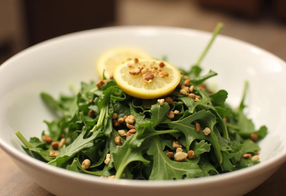 Delicious Attack on Titan Reiner's Armored Arugula Salad served in a bowl, ready to enjoy with a refreshing lemon wedge.