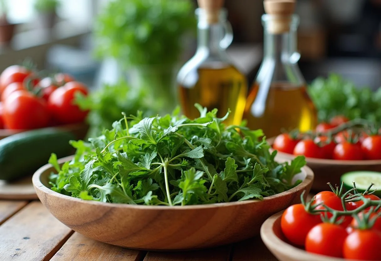 Fresh ingredients for Attack on Titan Reiner's Armored Arugula Salad showcasing arugula, cherry tomatoes, and cucumber.