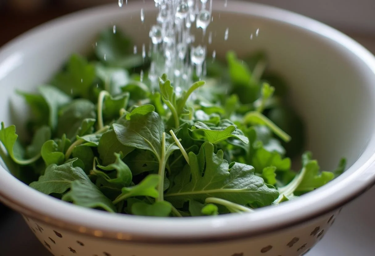 Rinsing arugula for Attack on Titan Reiner's Armored Arugula Salad, showcasing fresh leafy greens in preparation.