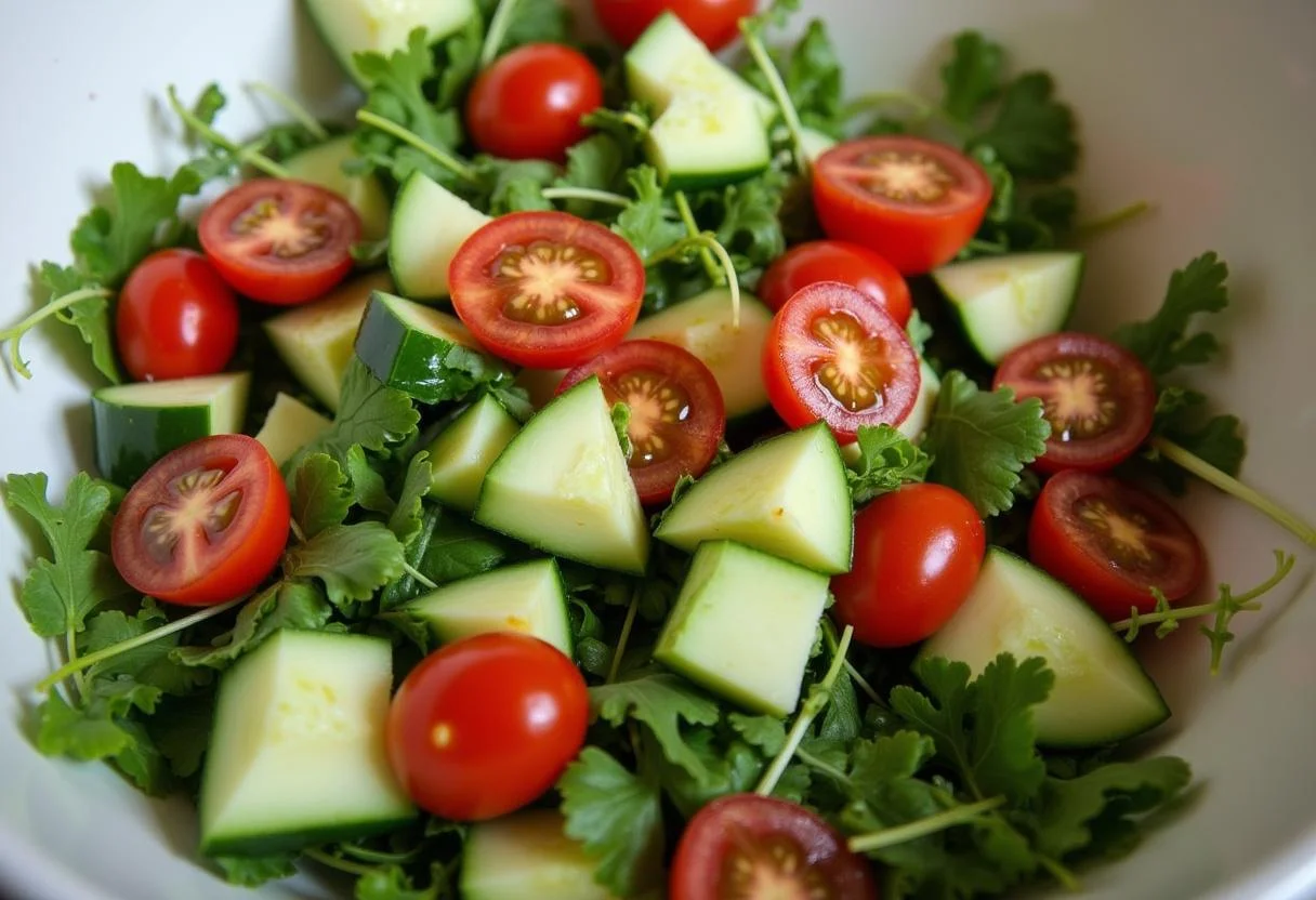 Mixing chopped cucumbers and cherry tomatoes with arugula for Attack on Titan Reiner's Armored Arugula Salad, ready for dressing.