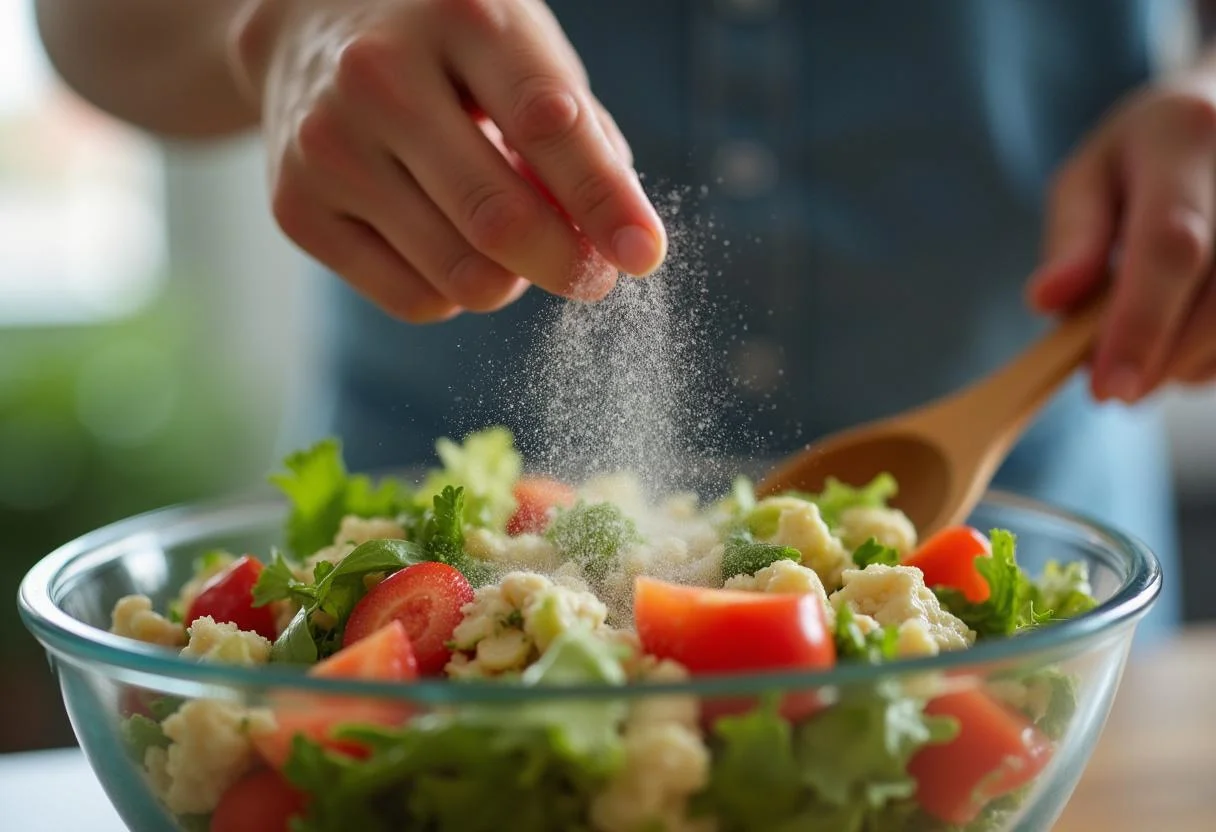 Seasoning Attack on Titan Reiner's Armored Arugula Salad with salt and pepper, preparing for the final mix.