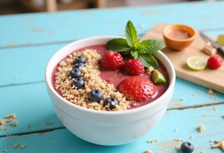 Final display of Baywatch Priyanka Chopra Jonas's Beachy Berry Smoothie Bowl, showcasing a colorful arrangement of toppings against a tropical backdrop.