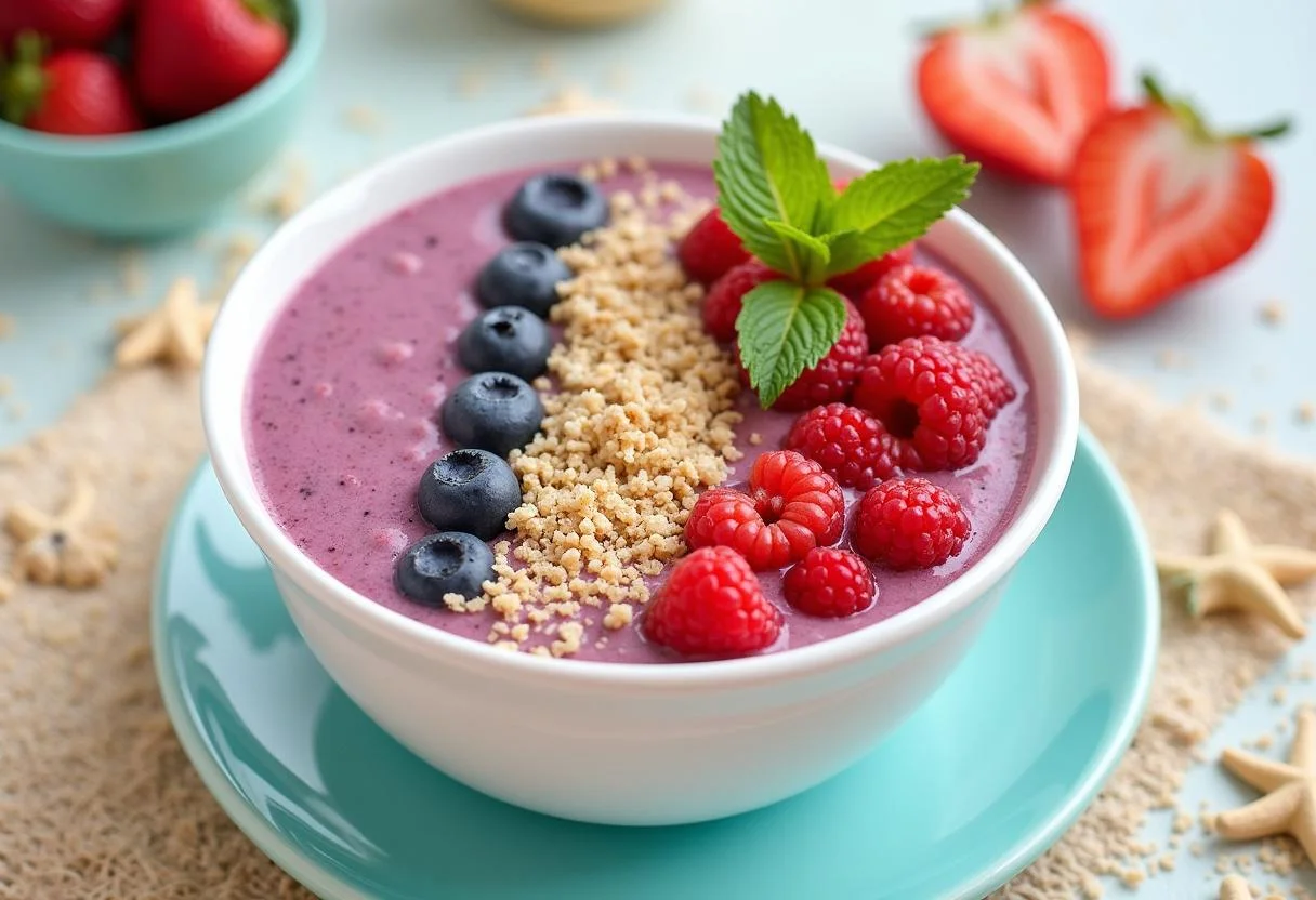 Final display of Baywatch Priyanka Chopra Jonas's Beachy Berry Smoothie Bowl, showcasing a colorful arrangement of toppings against a tropical backdrop.