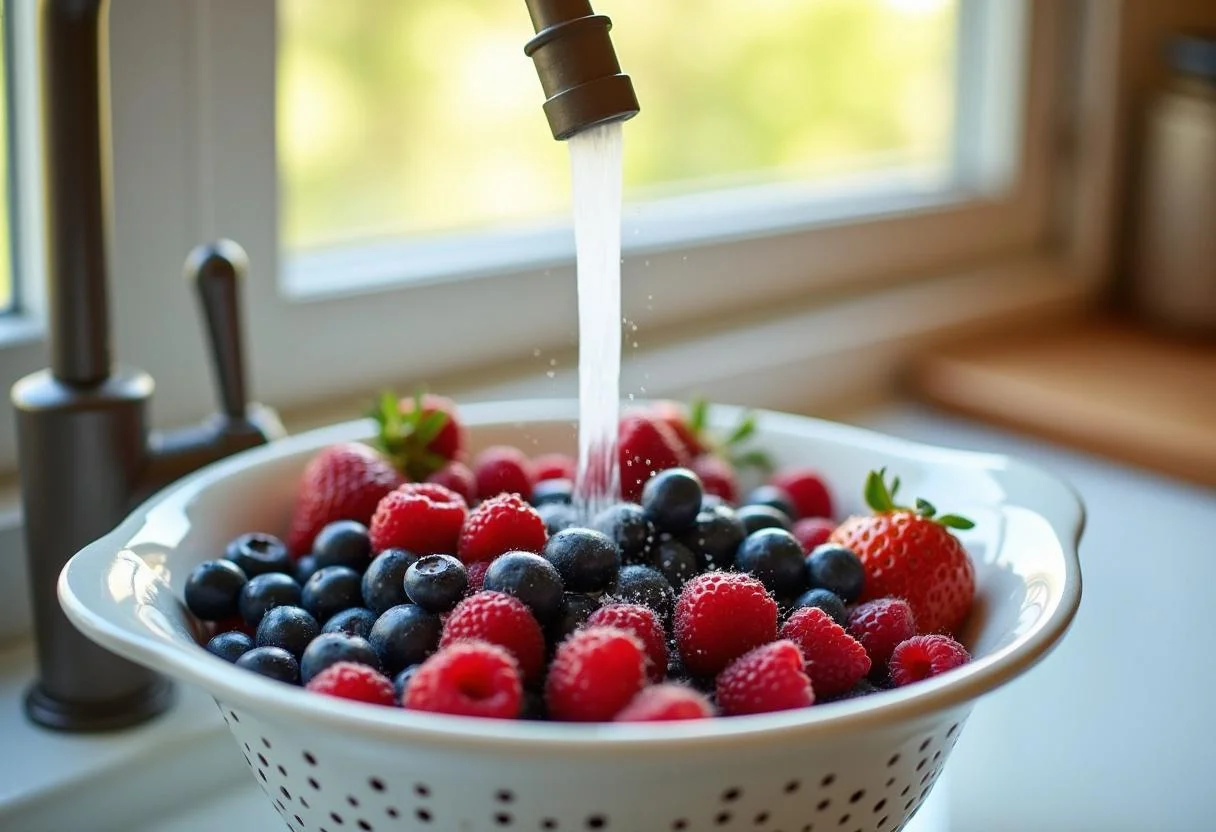 Fresh berries being washed for Baywatch Priyanka Chopra Jonas's Beachy Berry Smoothie Bowl, highlighting vibrant colors of strawberries, blueberries, and raspberries.