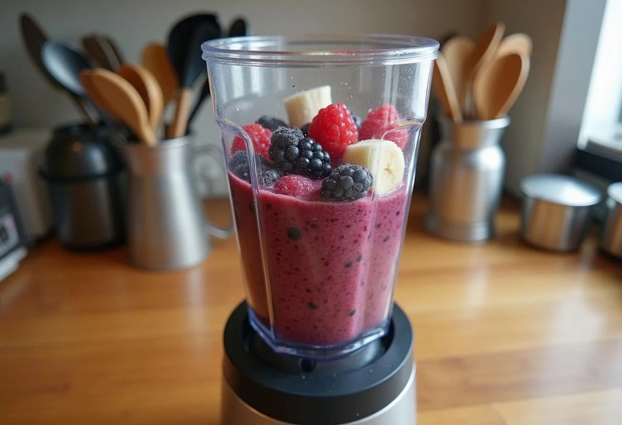 Ingredients for Baywatch Priyanka Chopra Jonas's Beachy Berry Smoothie Bowl in a blender, showcasing the perfect mixture of fresh fruits and coconut water.