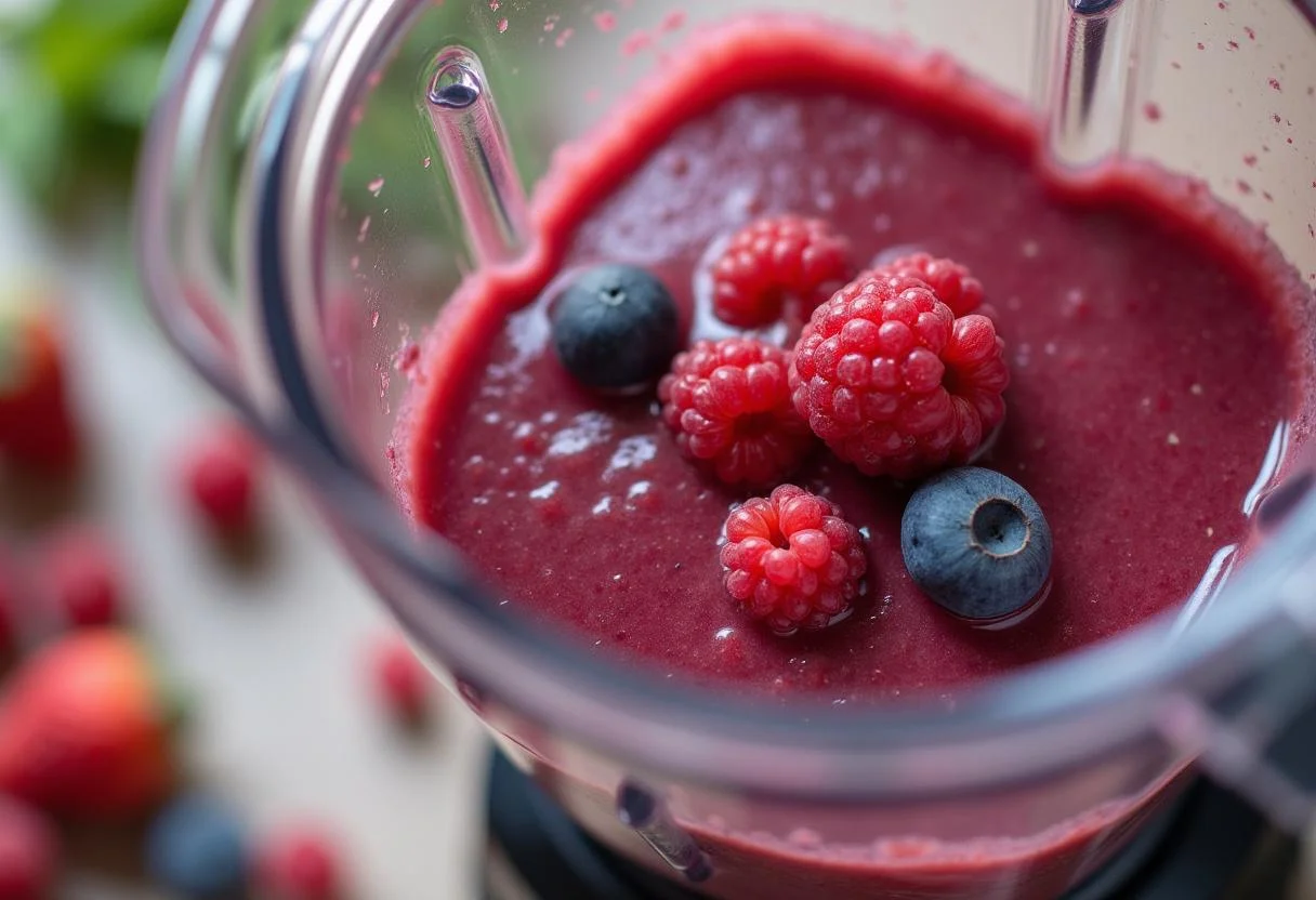 Blending process for Baywatch Priyanka Chopra Jonas's Beachy Berry Smoothie Bowl, featuring a smooth and colorful berry blend in the blender.
