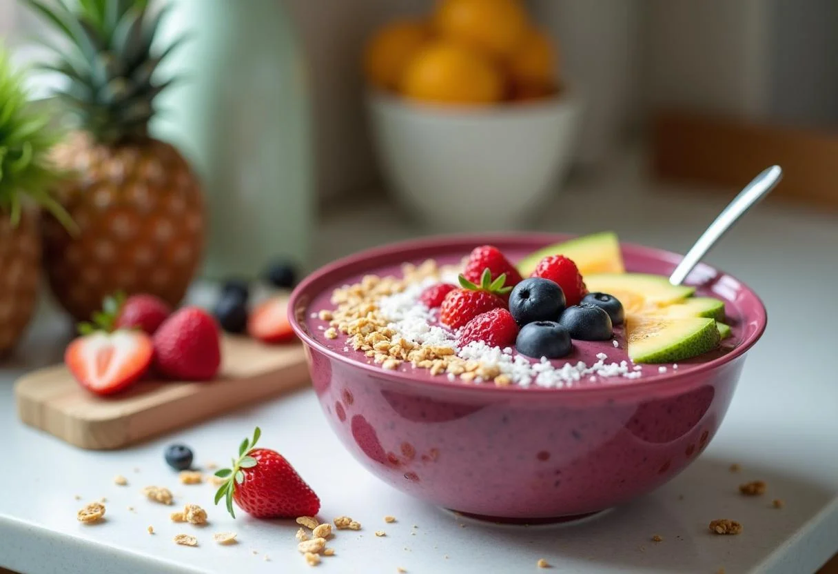Preparing Baywatch Priyanka Chopra Jonas's Beachy Berry Smoothie Bowl, filling a bowl with a vibrant berry smoothie topped with fruits and granola.