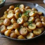Delicious Bones and All Timothée Chalamet's Savory Skillet Potatoes, beautifully presented, golden and garnished on a rustic wooden table.
