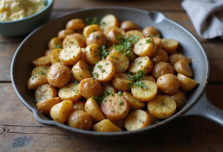 Delicious Bones and All Timothée Chalamet's Savory Skillet Potatoes, beautifully presented, golden and garnished on a rustic wooden table.