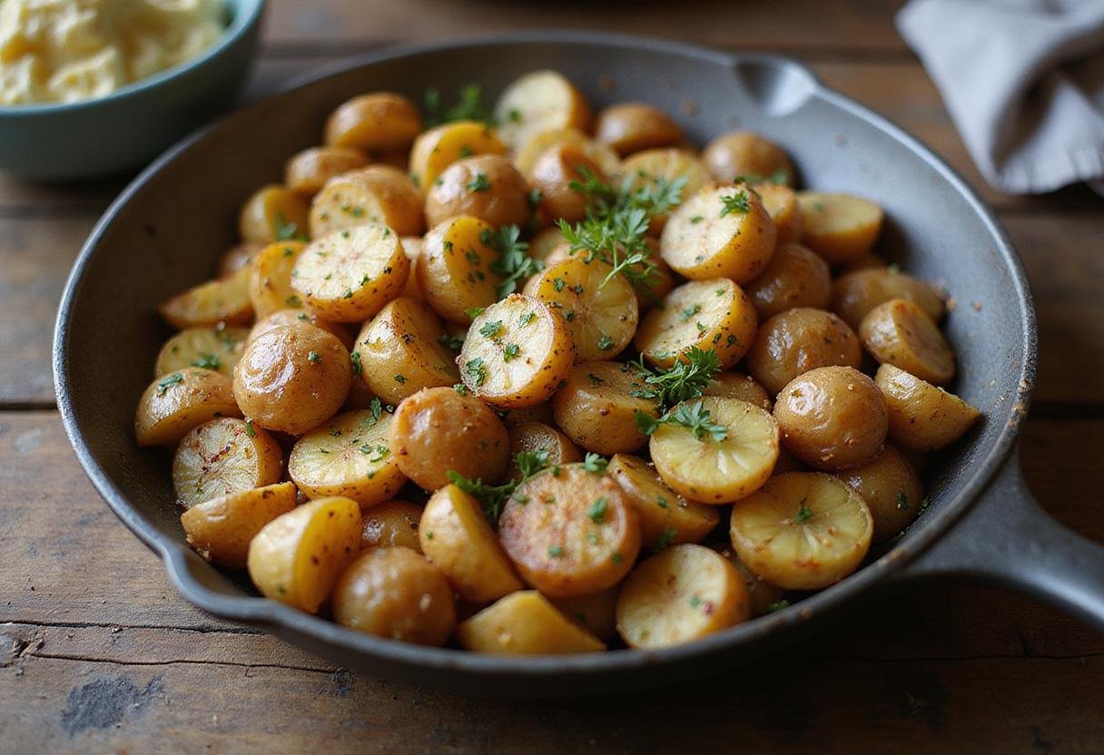 Delicious Bones and All Timothée Chalamet's Savory Skillet Potatoes, beautifully presented, golden and garnished on a rustic wooden table.