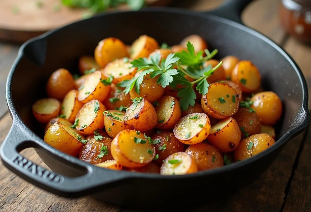 Delicious Bones and All Timothée Chalamet's Savory Skillet Potatoes, beautifully presented, golden and garnished on a rustic wooden table.