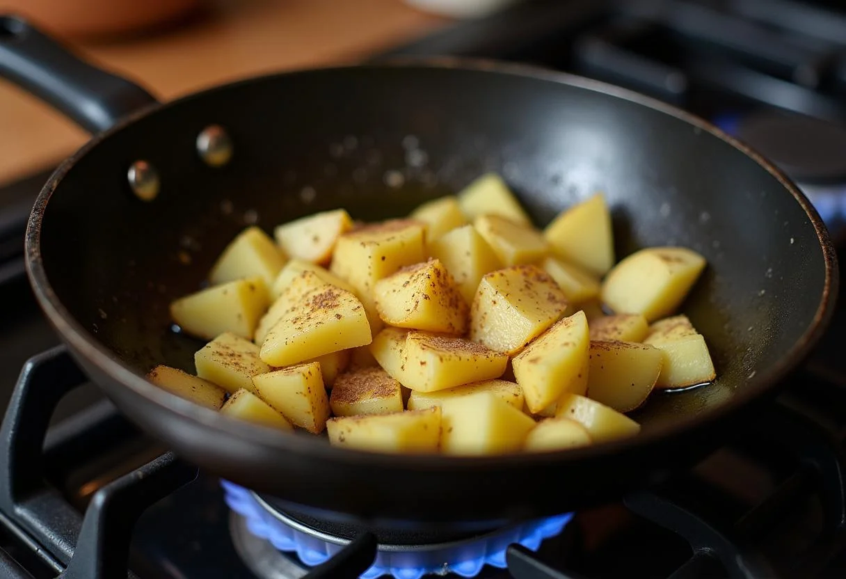 Bones and All Timothée Chalamet's Savory Skillet Potatoes cooking in a hot skillet with sizzling chopped potatoes.
