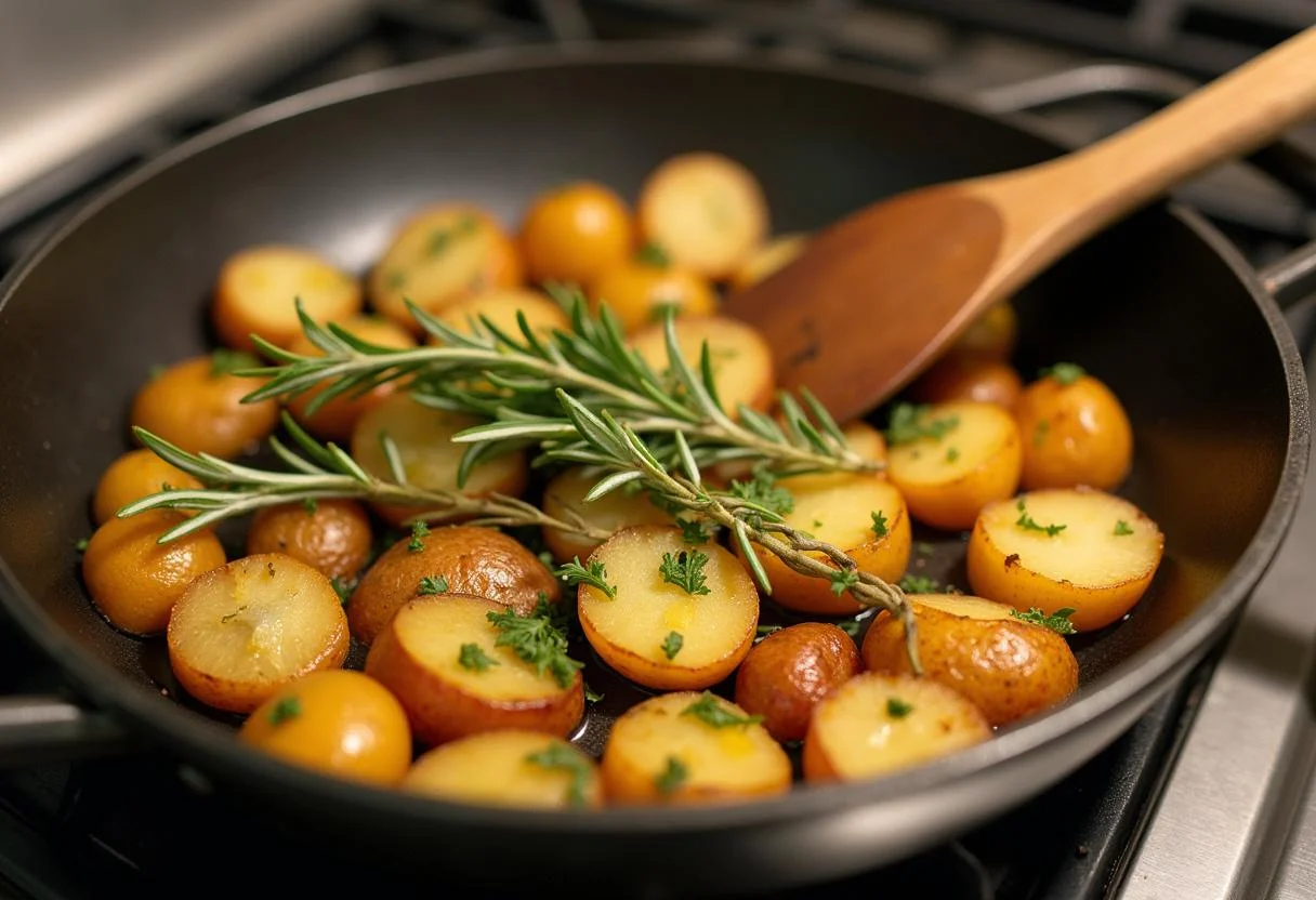 Stirring golden-brown potatoes for Bones and All Timothée Chalamet's Savory Skillet Potatoes, enriched with fresh herbs in a skillet.