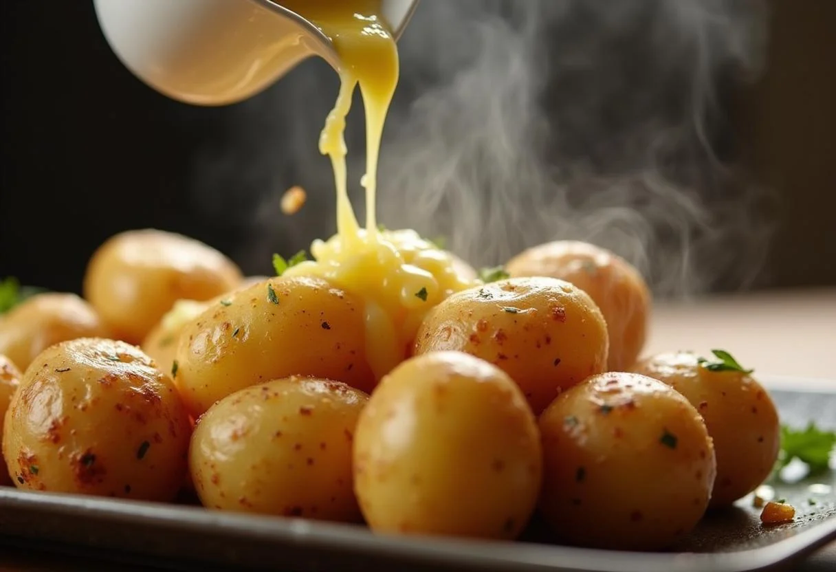 Pouring garlic butter over crispy potatoes for Bones and All Timothée Chalamet's Savory Skillet Potatoes, enhancing flavor and aroma.
