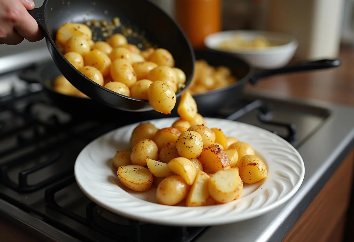 Serving Bones and All Timothée Chalamet's Savory Skillet Potatoes from the skillet onto a plate, showcasing a delicious presentation.