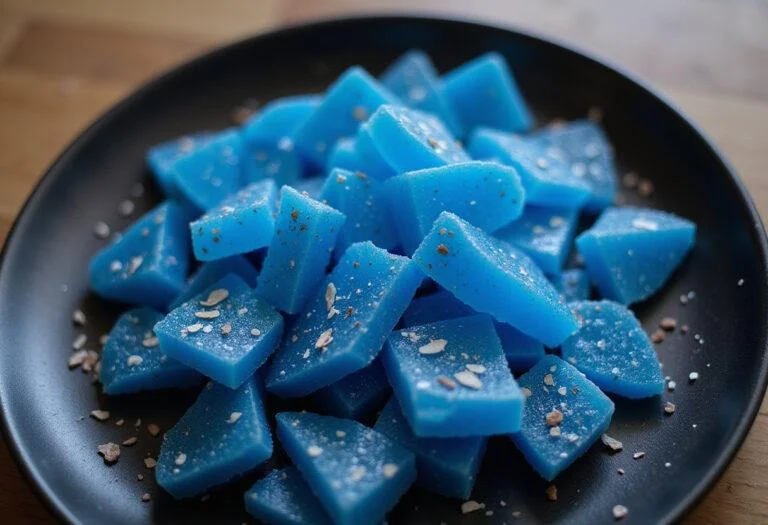 Final presentation of Broken Blue Sky Candy Rock Candy in a stylish arrangement on a plate.