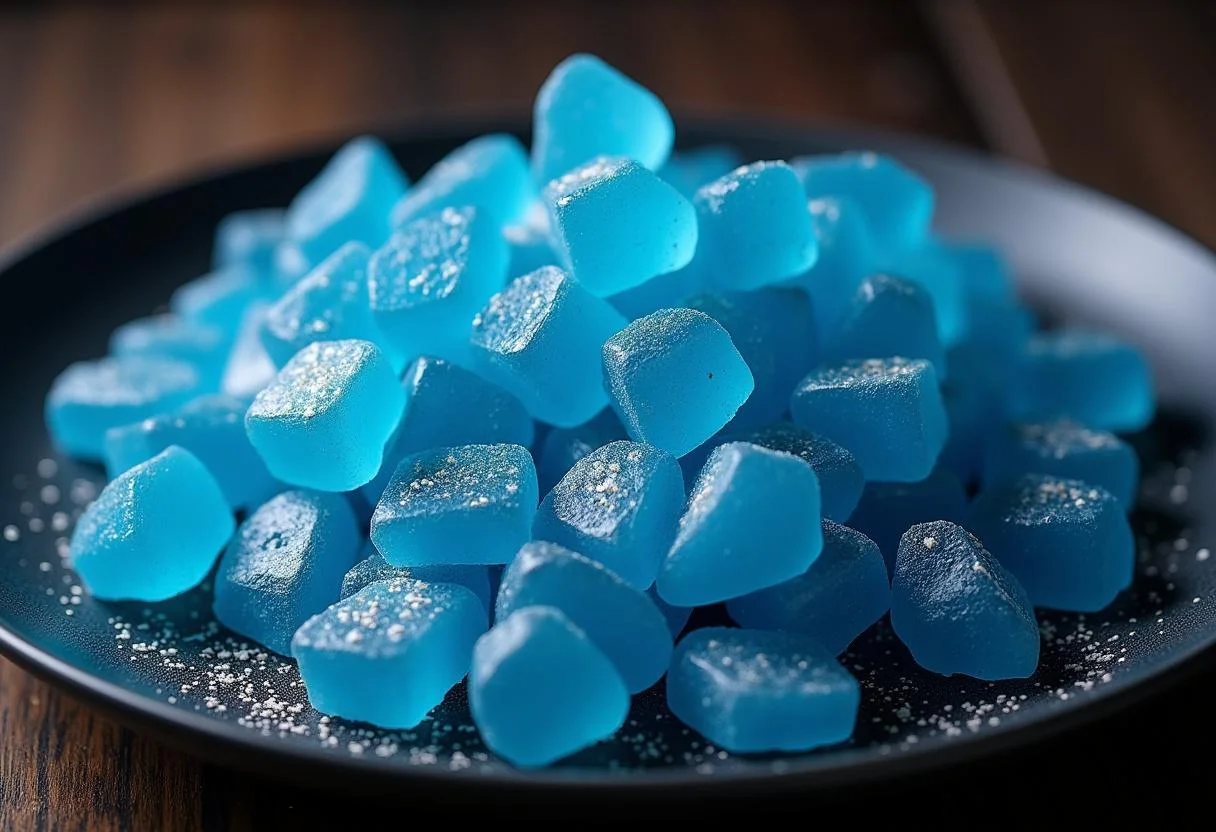Final presentation of Broken Blue Sky Candy Rock Candy in a stylish arrangement on a plate.