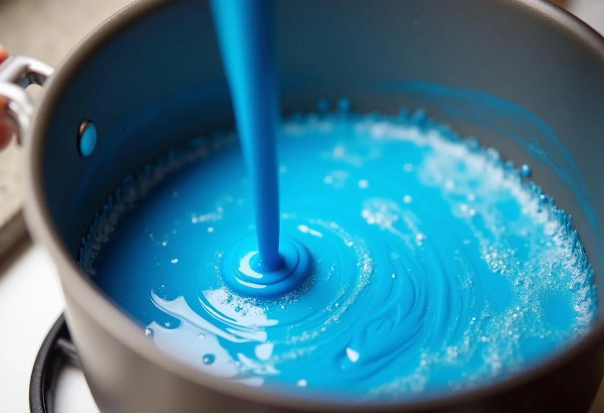 Adding colorful blue dye to the hot sugar mix for Breaking Bad Blue Sky Candy Rock Candy.