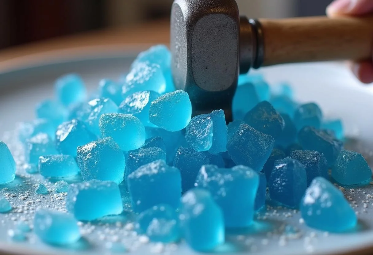 Cracking cooled candy into pieces for Breaking Bad Blue Sky Candy Rock Candy with shiny blue shards.