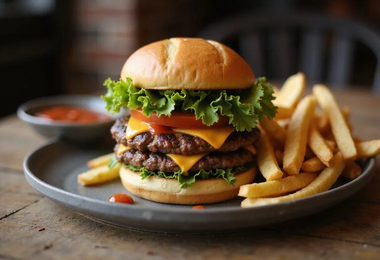 Delicious Breaking Bad Heisen-Burgers served with fries, showcasing a gourmet dining experience with vibrant colors and appetizing presentation.
