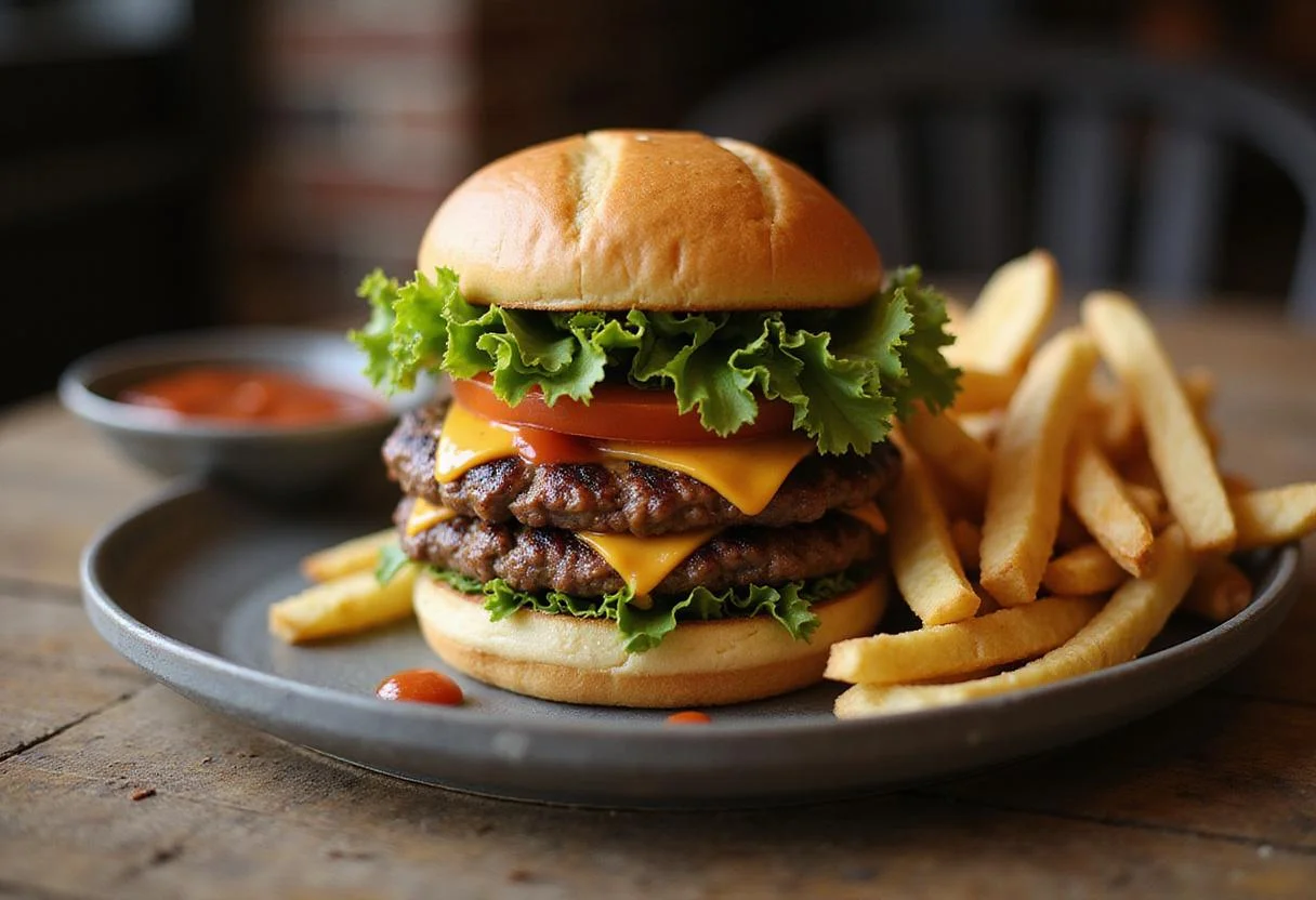 Delicious Breaking Bad Heisen-Burgers served with fries, showcasing a gourmet dining experience with vibrant colors and appetizing presentation.