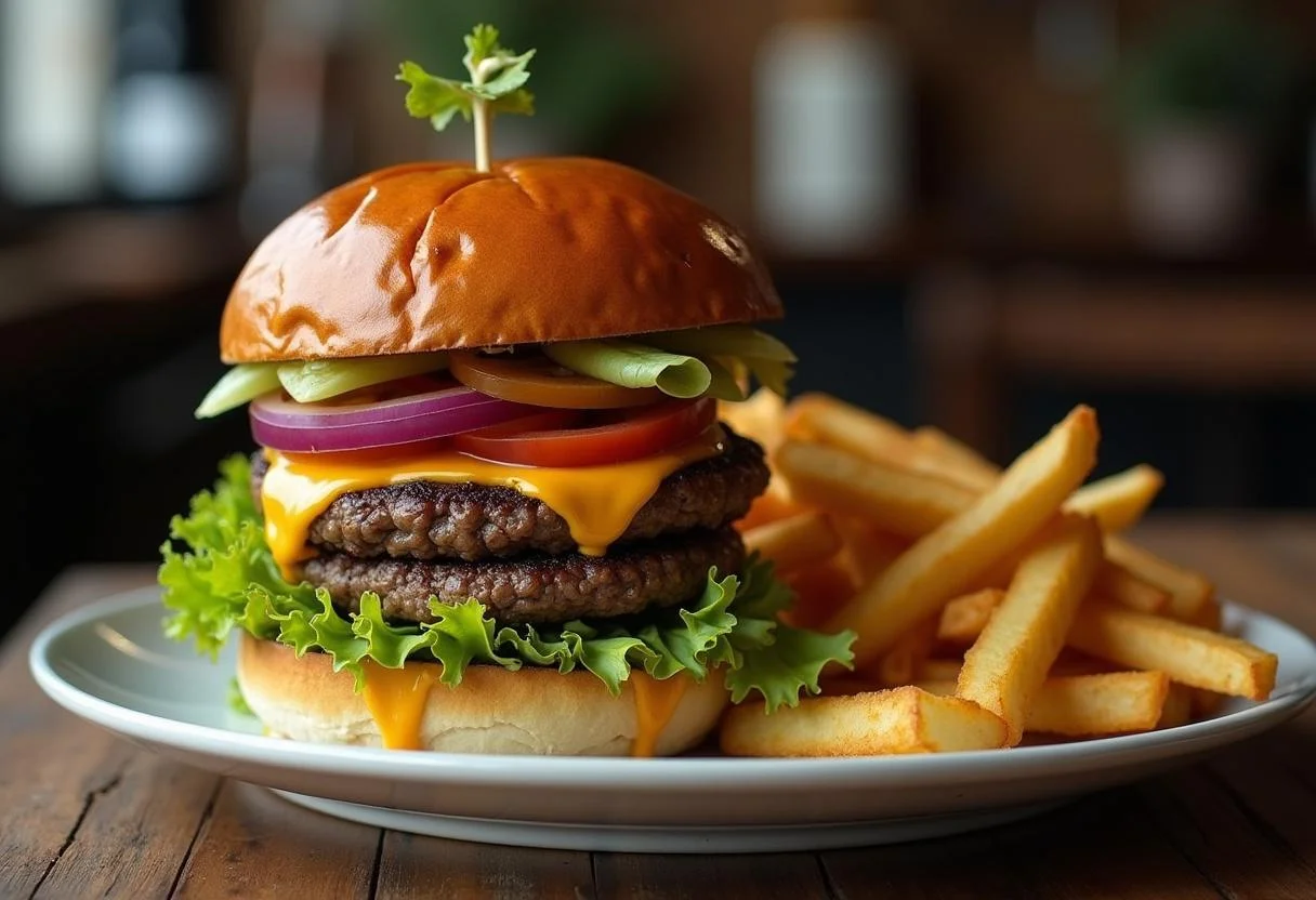 Delicious Breaking Bad Heisen-Burgers served with fries, showcasing a gourmet dining experience with vibrant colors and appetizing presentation.