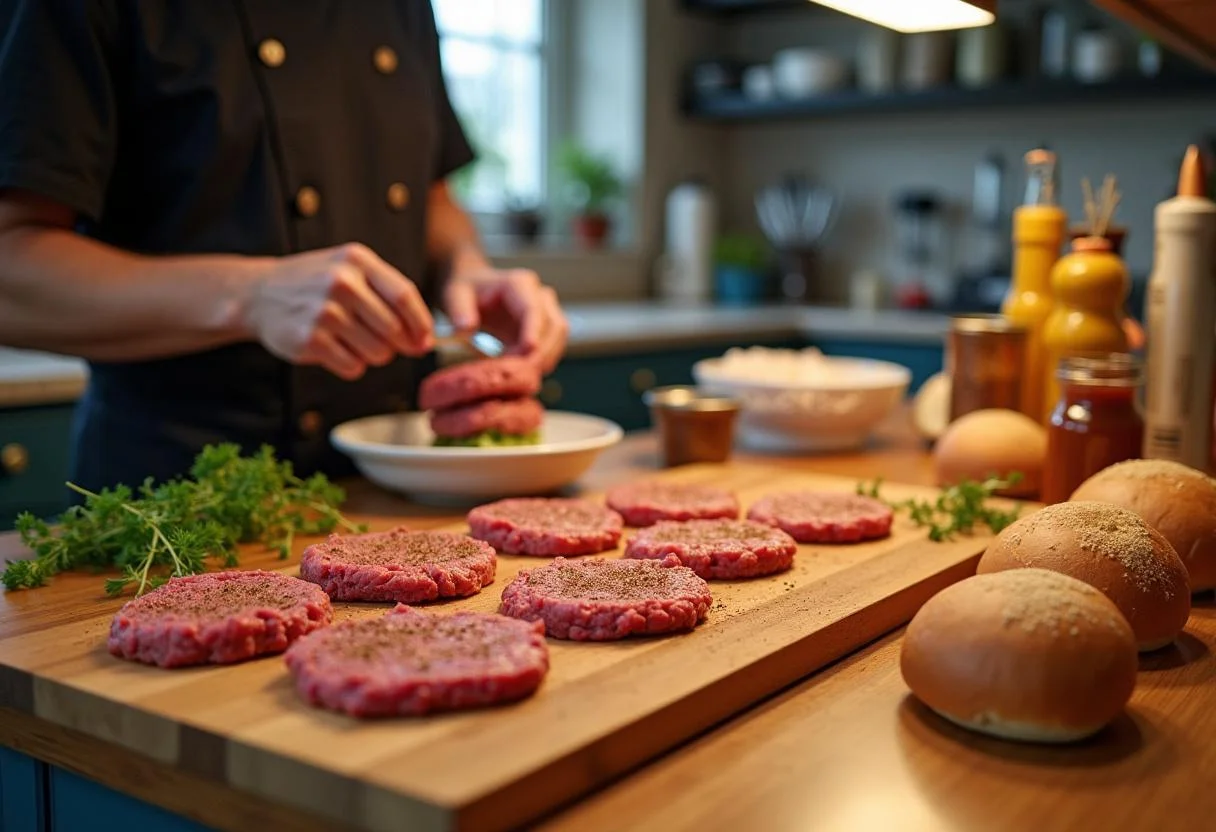 Ingredients for Breaking Bad Heisen-Burgers including ground beef and fresh buns displayed in a vibrant kitchen scene.