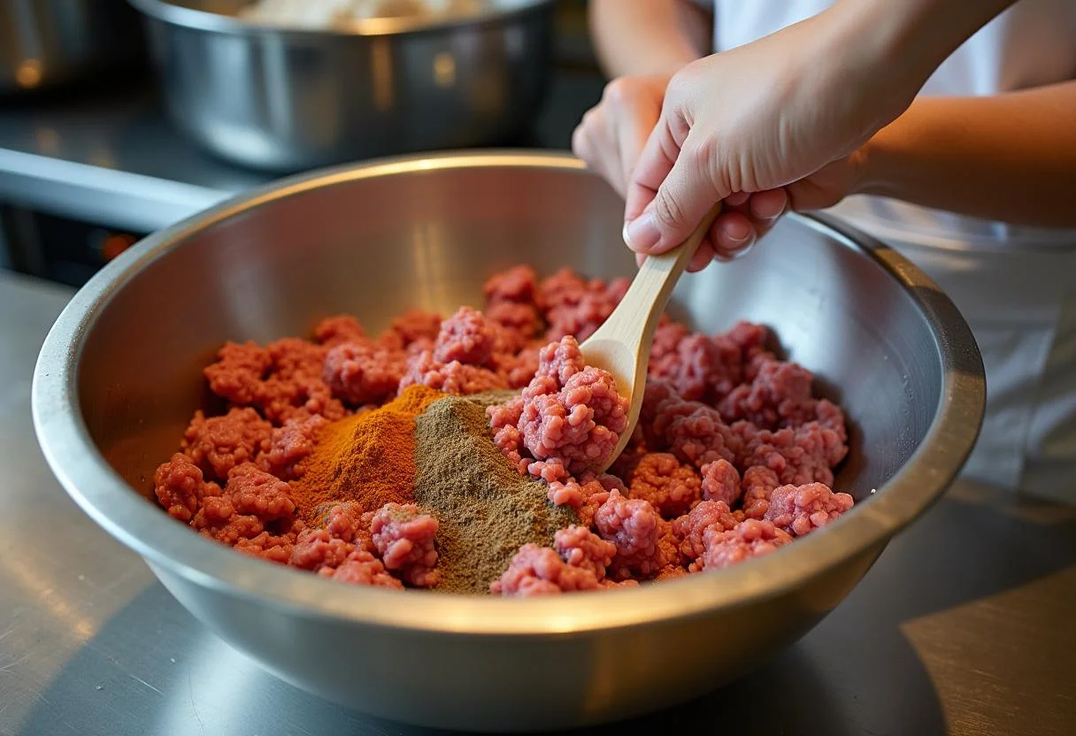 Making flavorful Breaking Bad Heisen-Burgers by mixing seasoned beef in a stainless steel bowl, capturing the essence of gourmet burger preparation.